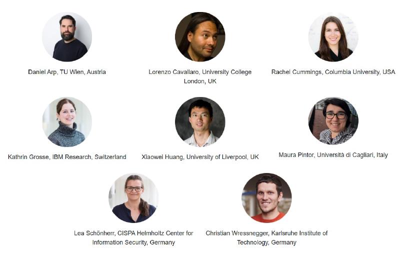 Portraits of eight researchers and professors in cybersecurity and AI, speakers at the Summer School on Artificial Intelligence and Cybersecurity, arranged in three rows
