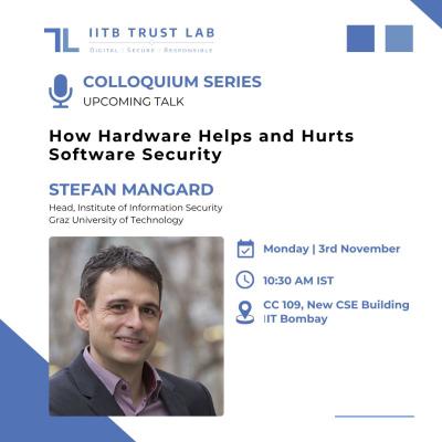 Poster announcing an IITB Trust Lab colloquium talk by Stefan Mangard