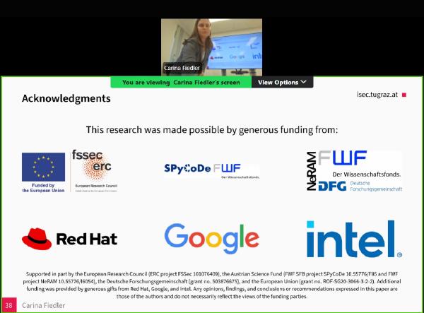 Screenshot of an acknowledgments slide from a SpyCoDe seminar, shown during a hybrid presentation with the speaker visible on screen