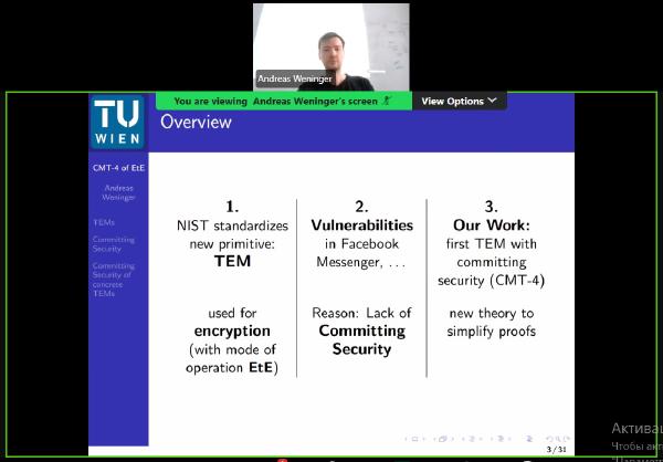 A Zoom presentation slide titled 'Overview' with speaker Andreas Weninger shown in a small video window at the top