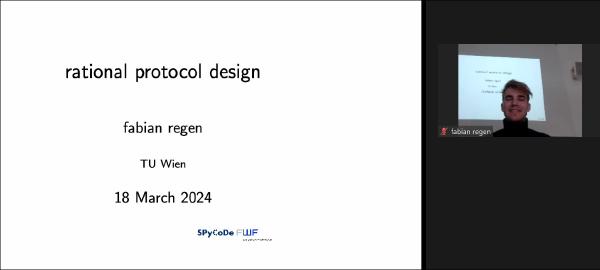 The first slide of Fabian Regen's presentation, and he as the speaker in the Zoom meeting