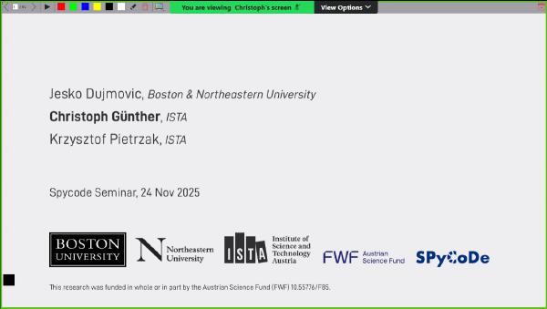 First slide of a presentation showing the talk title, authors’ names, their affiliations, and institutional logos