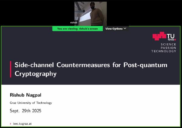 Zoom slide titled “Side-channel Countermeasures for Post-quantum Cryptography,” TU Graz logo; speaker visible in a small webcam feed