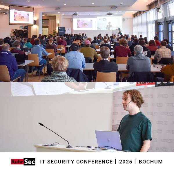 Daniel Gruss is presenting at the conference. The top half of the image shows a large audience seated in a conference room, attentively watching a presentation projected on multiple screens. The bottom half features a close-up of the speaker at a podium with a laptop and microphone, smiling as he addresses the audience.