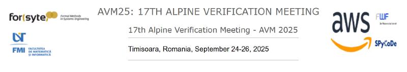 Poster of the 17th Alpine Verification Meeting with logos of FORSYTE research unit of the TU Wien, West University of Timisoara, AWS, FWF, SPyCoDe