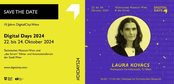 Promotional graphic for Digital Days 2024 with a special presentation by Professor Laura Kovacs from TU Wien. The design features a vibrant yellow and blue color scheme, emphasizing digital elements and the date details.