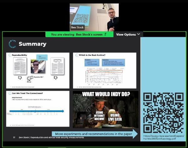 Zoom screen with a speaker and the summary slide of the presentation