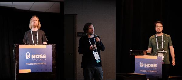 Stefan Gast, Daniel Gruss, and Jonas Juffinger presenting their research at NDSS 2025.